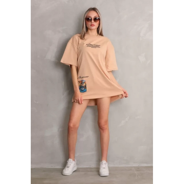 MARSiLYAN- Unisex Bisiklet Yaka Baskılı Oversize T-Shirt - Bej