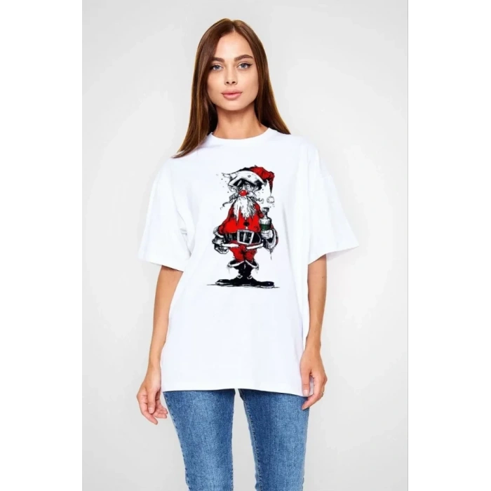 MARSiLYAN- Unisex Bisiklet Yaka Baskılı Oversize T-Shirt - Beyaz