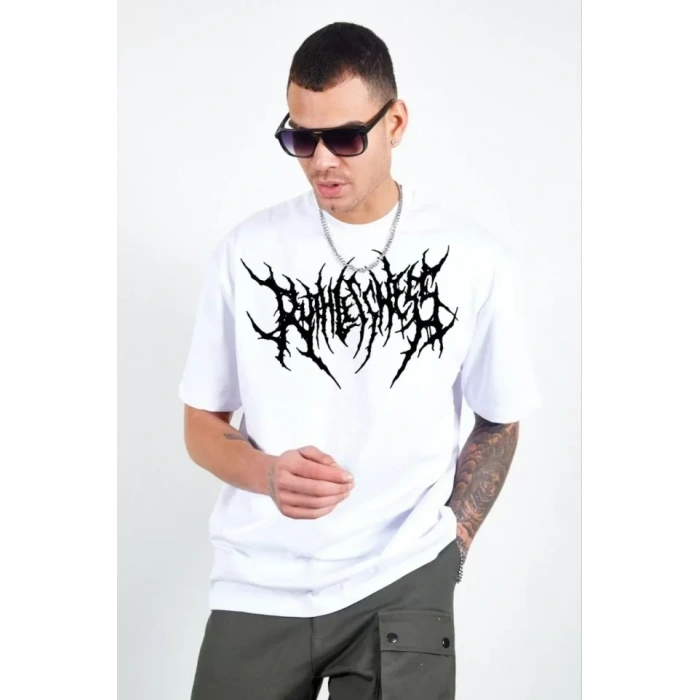 MARSiLYAN- Unisex Bisiklet Yaka Baskılı Oversize T-Shirt - Beyaz