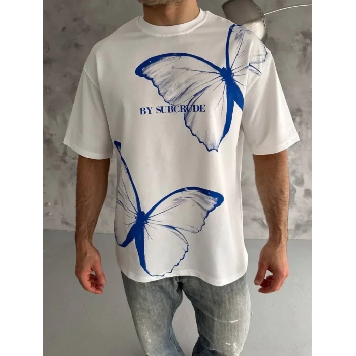 MARSiLYAN- Unisex Bisiklet Yaka Baskılı Oversize T-Shirt - Beyaz