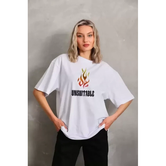 MARSiLYAN- Unisex Bisiklet Yaka Baskılı Oversize T-Shirt - Beyaz