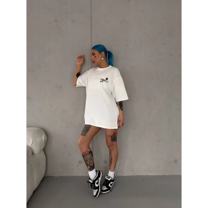 MARSiLYAN- Unisex Bisiklet Yaka Baskılı Oversize T-Shirt - Beyaz