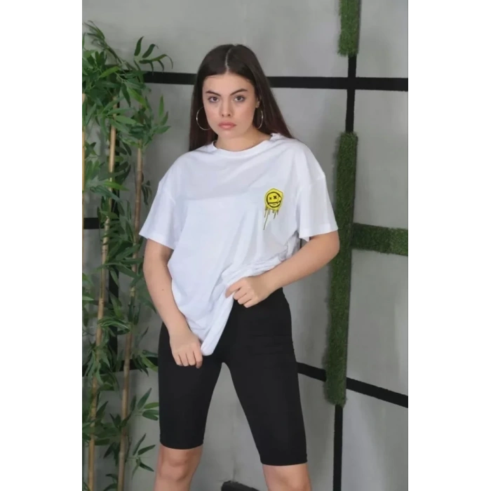 MARSiLYAN- Unisex Bisiklet Yaka Baskılı Oversize T-Shirt - Beyaz