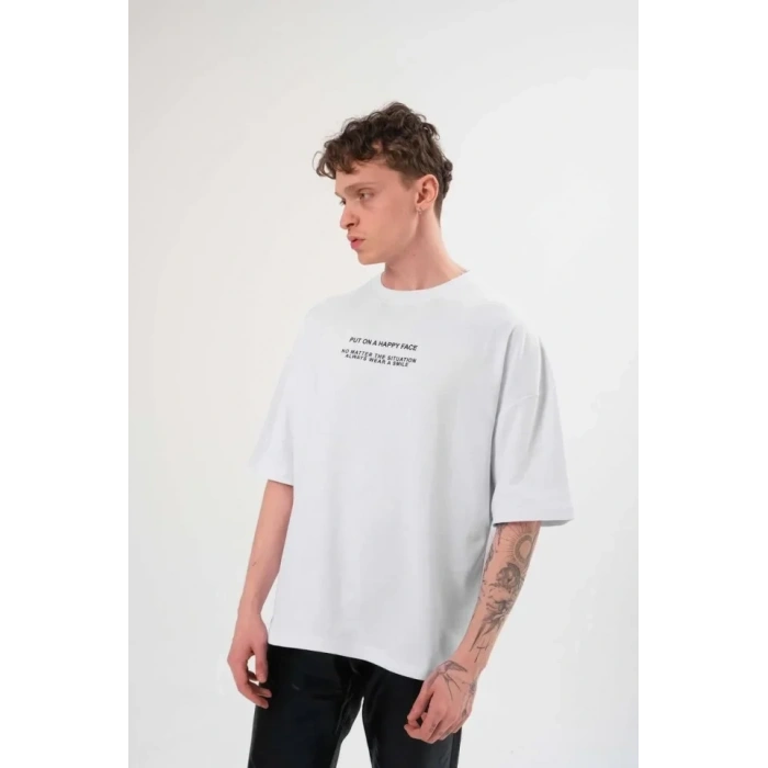 MARSiLYAN- Unisex Bisiklet Yaka Baskılı Oversize T-Shirt - Beyaz