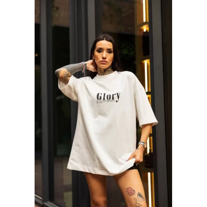 MARSiLYAN- Unisex Bisiklet Yaka Baskılı Oversize T-Shirt - Beyaz