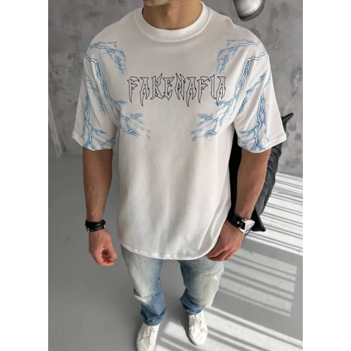 MARSiLYAN- Unisex Bisiklet Yaka Baskılı Oversize T-Shirt - Beyaz