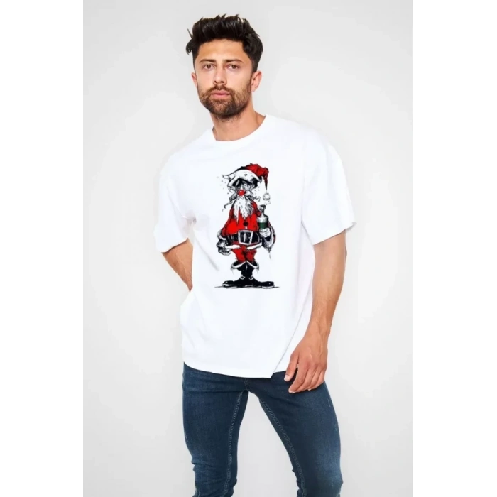 MARSiLYAN- Unisex Bisiklet Yaka Baskılı Oversize T-Shirt - Beyaz