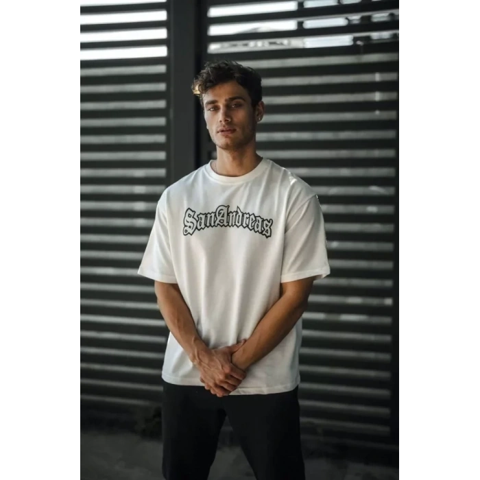 MARSiLYAN- Unisex Bisiklet Yaka Baskılı Oversize T-Shirt - Beyaz