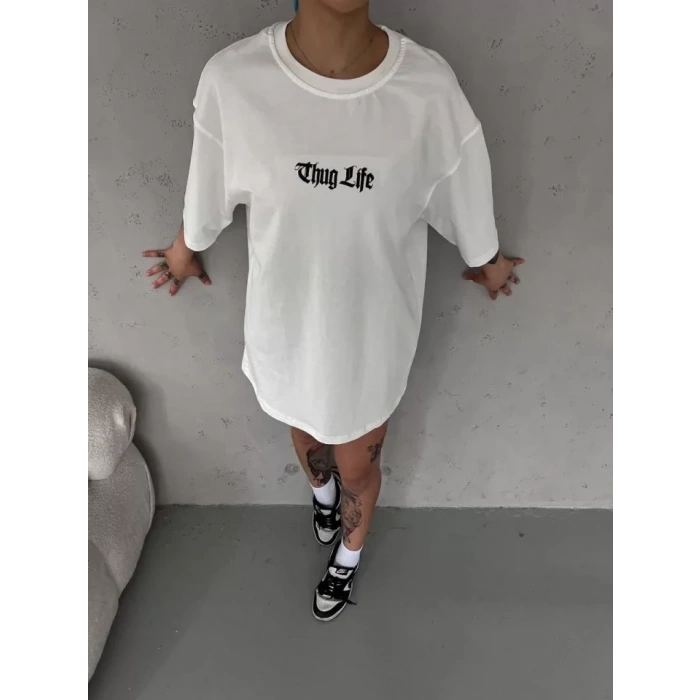 MARSiLYAN- Unisex Bisiklet Yaka Baskılı Oversize T-Shirt - Beyaz