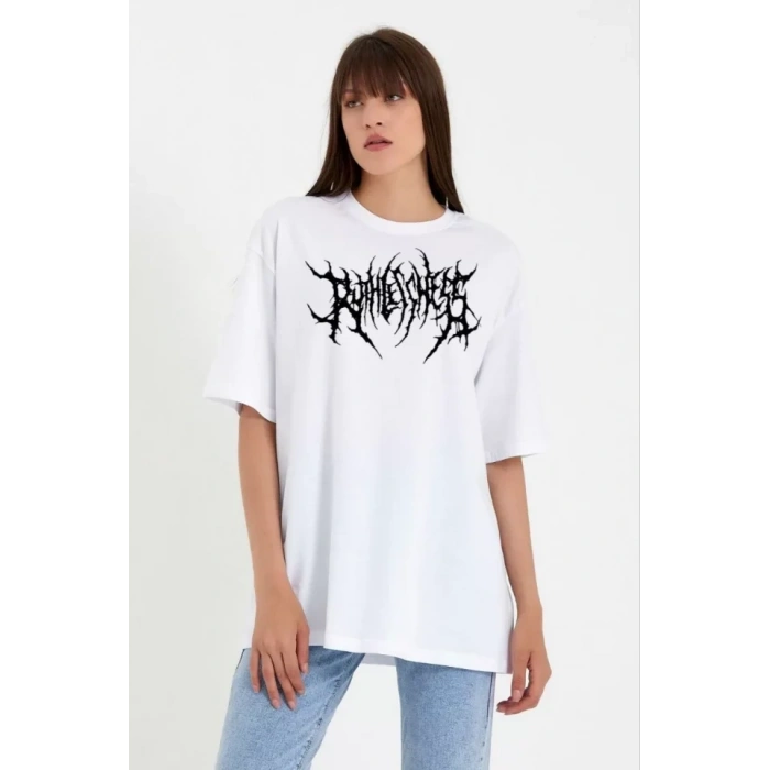 MARSiLYAN- Unisex Bisiklet Yaka Baskılı Oversize T-Shirt - Beyaz