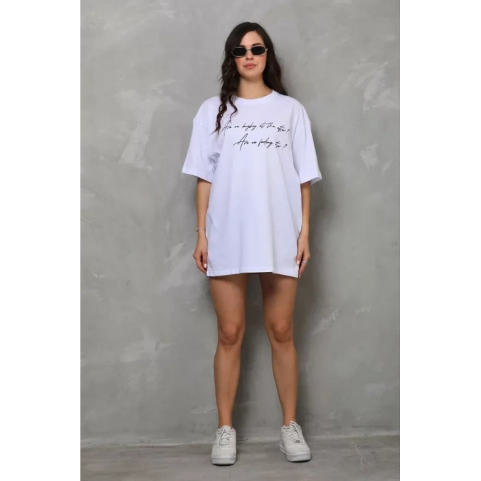 MARSiLYAN- Unisex Bisiklet Yaka Baskılı Oversize T-Shirt - Beyaz