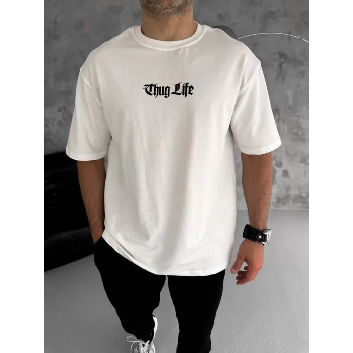 MARSiLYAN- Unisex Bisiklet Yaka Baskılı Oversize T-Shirt - Beyaz