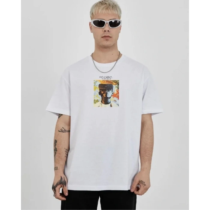 MARSiLYAN- Unisex Bisiklet Yaka Baskılı Oversize T-Shirt - Beyaz