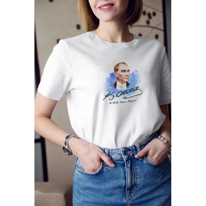 MARSiLYAN- Unisex Bisiklet Yaka Baskılı Oversize T-Shirt - Beyaz
