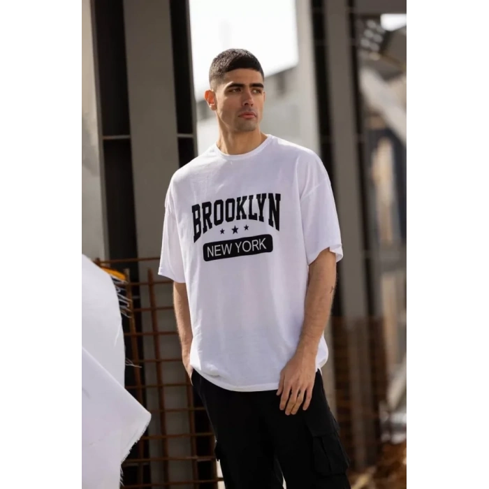 MARSiLYAN- Unisex Bisiklet Yaka Baskılı Oversize T-Shirt - Beyaz