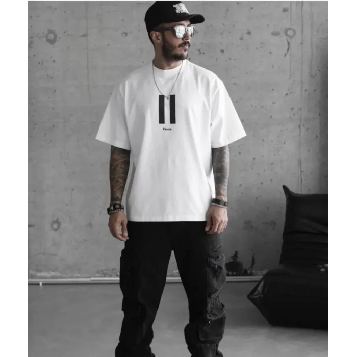 MARSiLYAN- Unisex Bisiklet Yaka Baskılı Oversize T-Shirt - Beyaz