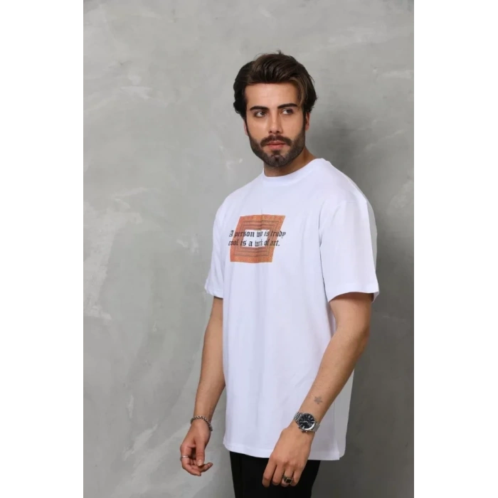 MARSiLYAN- Unisex Bisiklet Yaka Baskılı Oversize T-Shirt - Beyaz