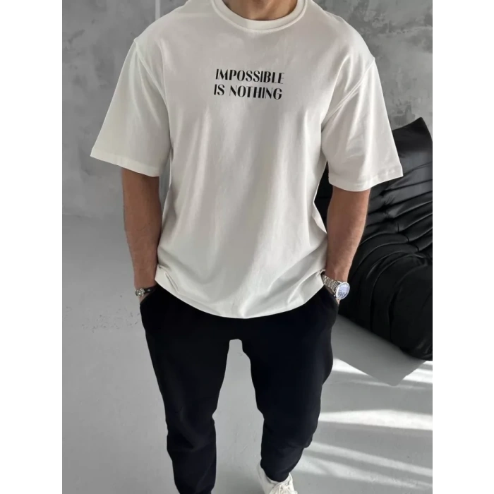 MARSiLYAN- Unisex Bisiklet Yaka Baskılı Oversize T-Shirt - Beyaz