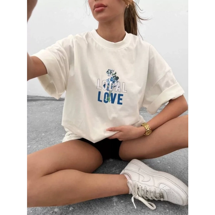 MARSiLYAN- Unisex Bisiklet Yaka Baskılı Oversize T-Shirt - Beyaz