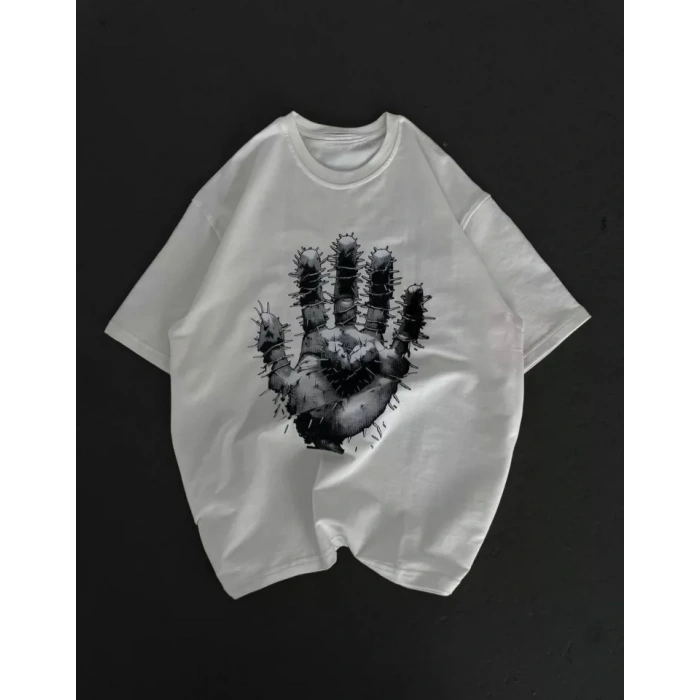 MARSiLYAN- Unisex Bisiklet Yaka Baskılı Oversize T-Shirt - Beyaz