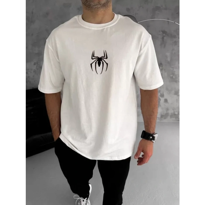 MARSiLYAN- Unisex Bisiklet Yaka Baskılı Oversize T-Shirt - Beyaz
