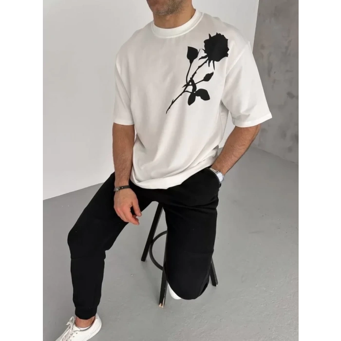 MARSiLYAN- Unisex Bisiklet Yaka Baskılı Oversize T-Shirt - Beyaz
