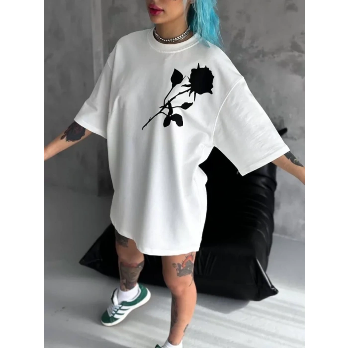 MARSiLYAN- Unisex Bisiklet Yaka Baskılı Oversize T-Shirt - Beyaz