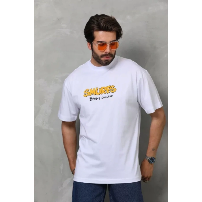 MARSiLYAN- Unisex Bisiklet Yaka Baskılı Oversize T-Shirt - Beyaz