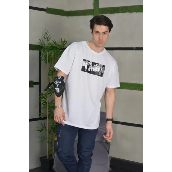 MARSiLYAN- Unisex Bisiklet Yaka Baskılı Oversize T-Shirt - Beyaz