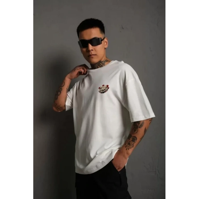 MARSiLYAN- Unisex Bisiklet Yaka Baskılı Oversize T-Shirt - Beyaz