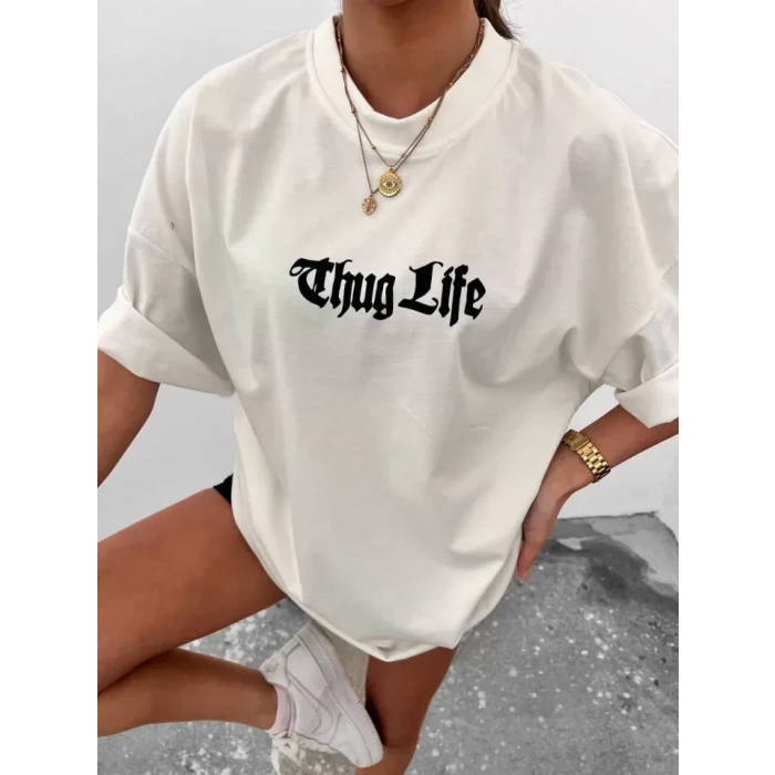 MARSiLYAN- Unisex Bisiklet Yaka Baskılı Oversize T-Shirt - Beyaz