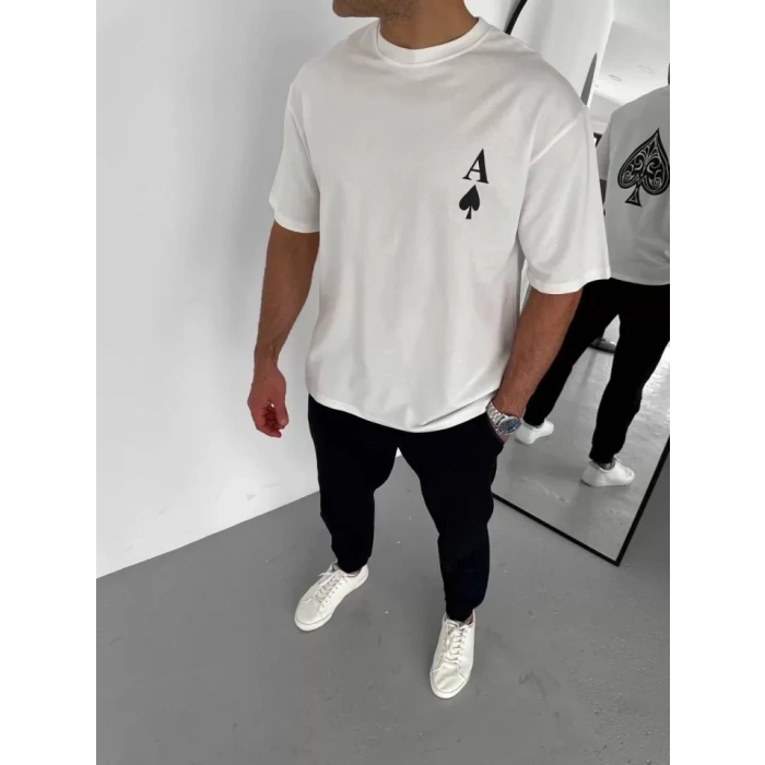 MARSiLYAN- Unisex Bisiklet Yaka Baskılı Oversize T-Shirt - Beyaz