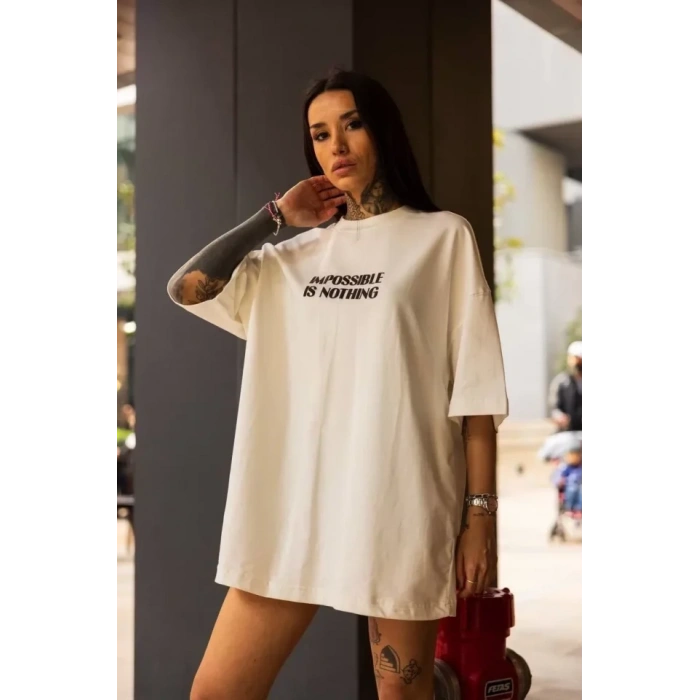 MARSiLYAN- Unisex Bisiklet Yaka Baskılı Oversize T-Shirt - Beyaz