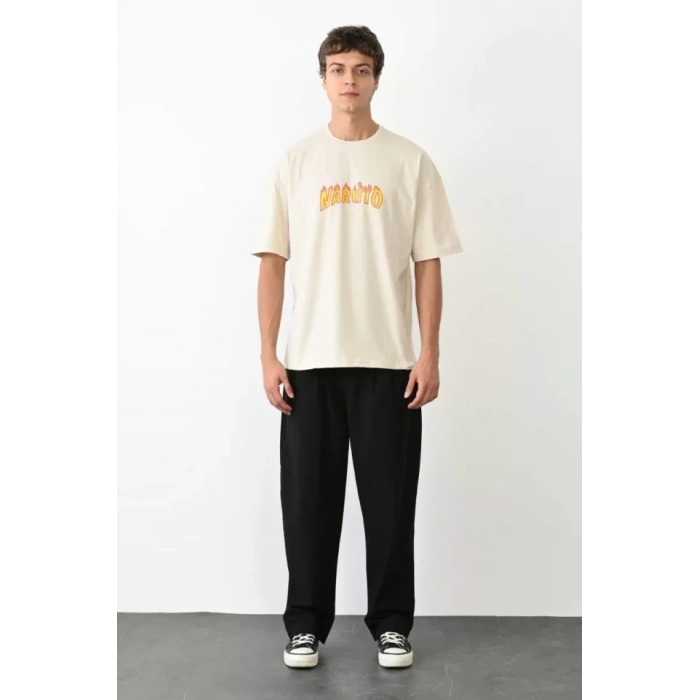 MARSiLYAN- Unisex Bisiklet Yaka Baskılı Oversize T-Shirt - Beyaz