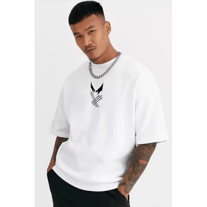MARSiLYAN- Unisex Bisiklet Yaka Baskılı Oversize T-Shirt - Beyaz