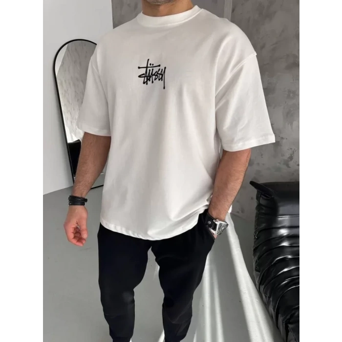 MARSiLYAN- Unisex Bisiklet Yaka Baskılı Oversize T-Shirt - Beyaz