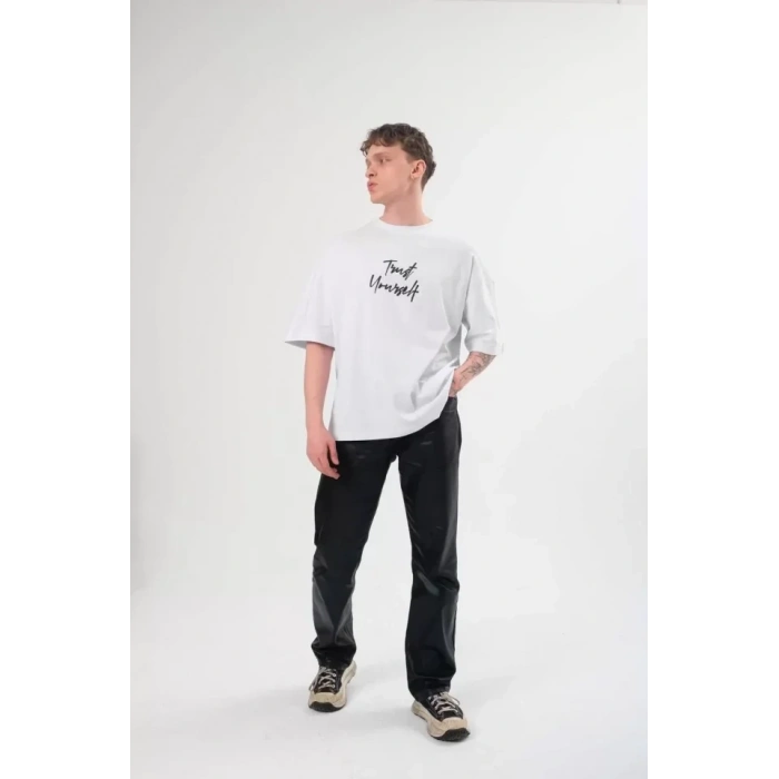 MARSiLYAN- Unisex Bisiklet Yaka Baskılı Oversize T-Shirt - Beyaz