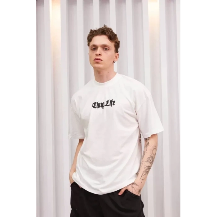 MARSiLYAN- Unisex Bisiklet Yaka Baskılı Oversize T-Shirt - Beyaz
