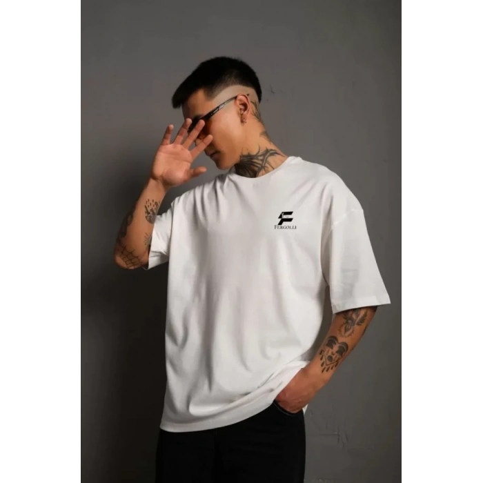 MARSiLYAN- Unisex Bisiklet Yaka Baskılı Oversize T-Shirt - Beyaz