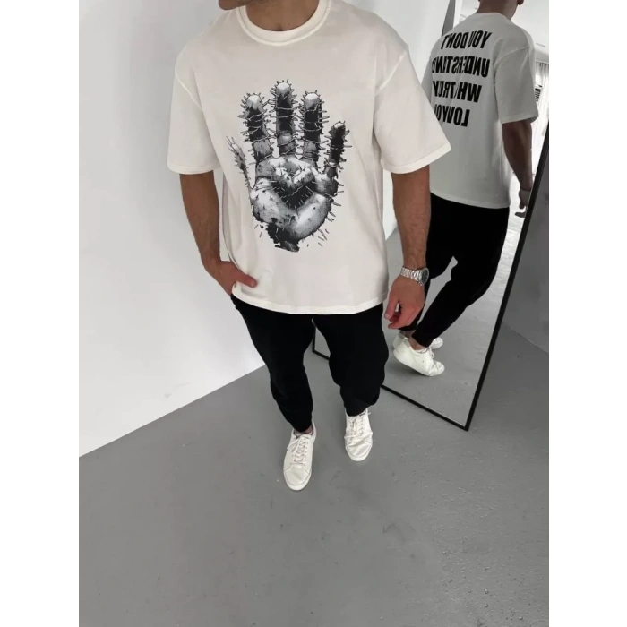 MARSiLYAN- Unisex Bisiklet Yaka Baskılı Oversize T-Shirt - Beyaz