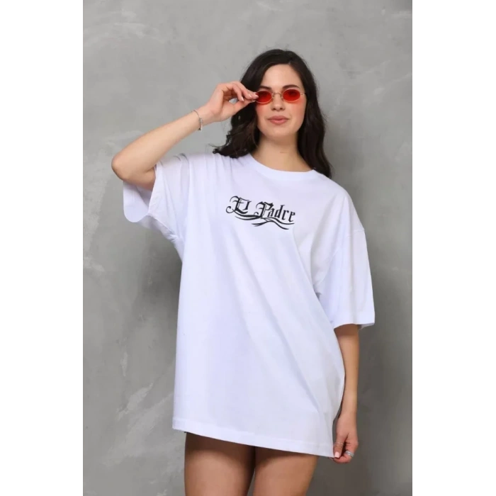 MARSiLYAN- Unisex Bisiklet Yaka Baskılı Oversize T-Shirt - Beyaz