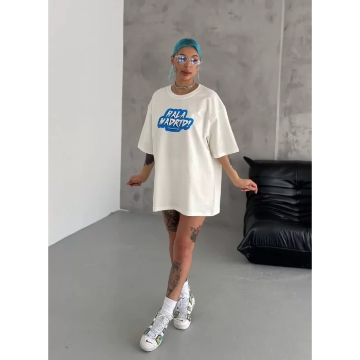 MARSiLYAN- Unisex Bisiklet Yaka Baskılı Oversize T-Shirt - Beyaz