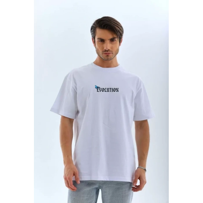 MARSiLYAN- Unisex Bisiklet Yaka Baskılı Oversize T-Shirt - Beyaz