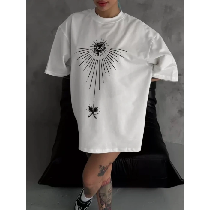 MARSiLYAN- Unisex Bisiklet Yaka Baskılı Oversize T-Shirt - Beyaz