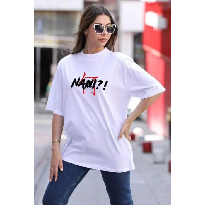 MARSiLYAN- Unisex Bisiklet Yaka Baskılı Oversize T-Shirt - Beyaz
