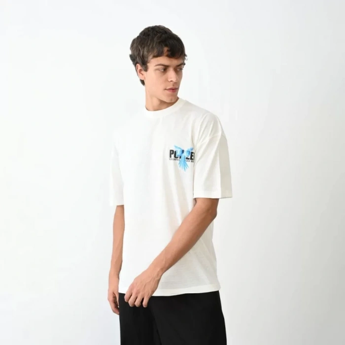 MARSiLYAN- Unisex Bisiklet Yaka Baskılı Oversize T-Shirt - Beyaz