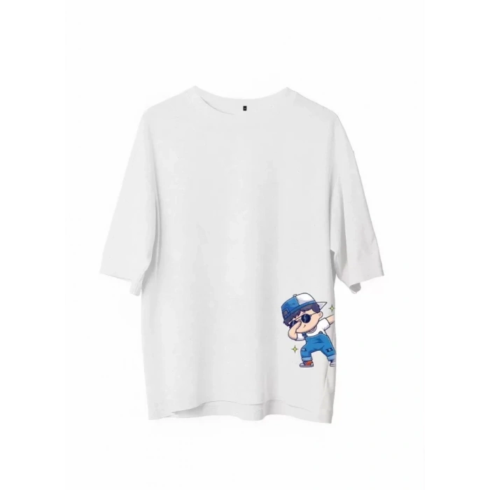 MARSiLYAN- Unisex Bisiklet Yaka Baskılı Oversize T-Shirt - Beyaz