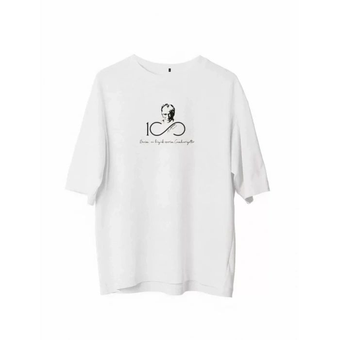 MARSiLYAN- Unisex Bisiklet Yaka Baskılı Oversize T-Shirt - Beyaz