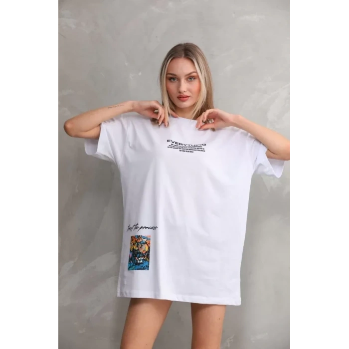 MARSiLYAN- Unisex Bisiklet Yaka Baskılı Oversize T-Shirt - Beyaz