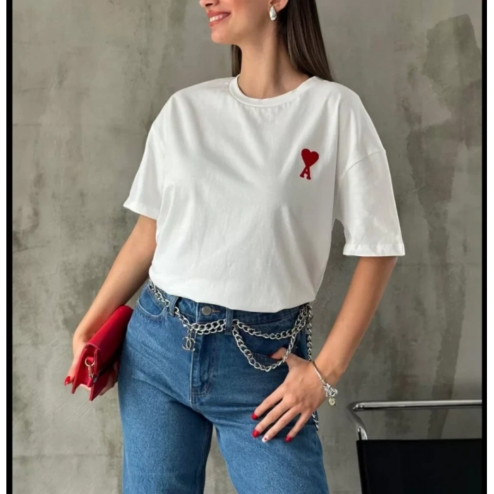 MARSiLYAN- Unisex Bisiklet Yaka Baskılı Oversize T-Shirt - Beyaz